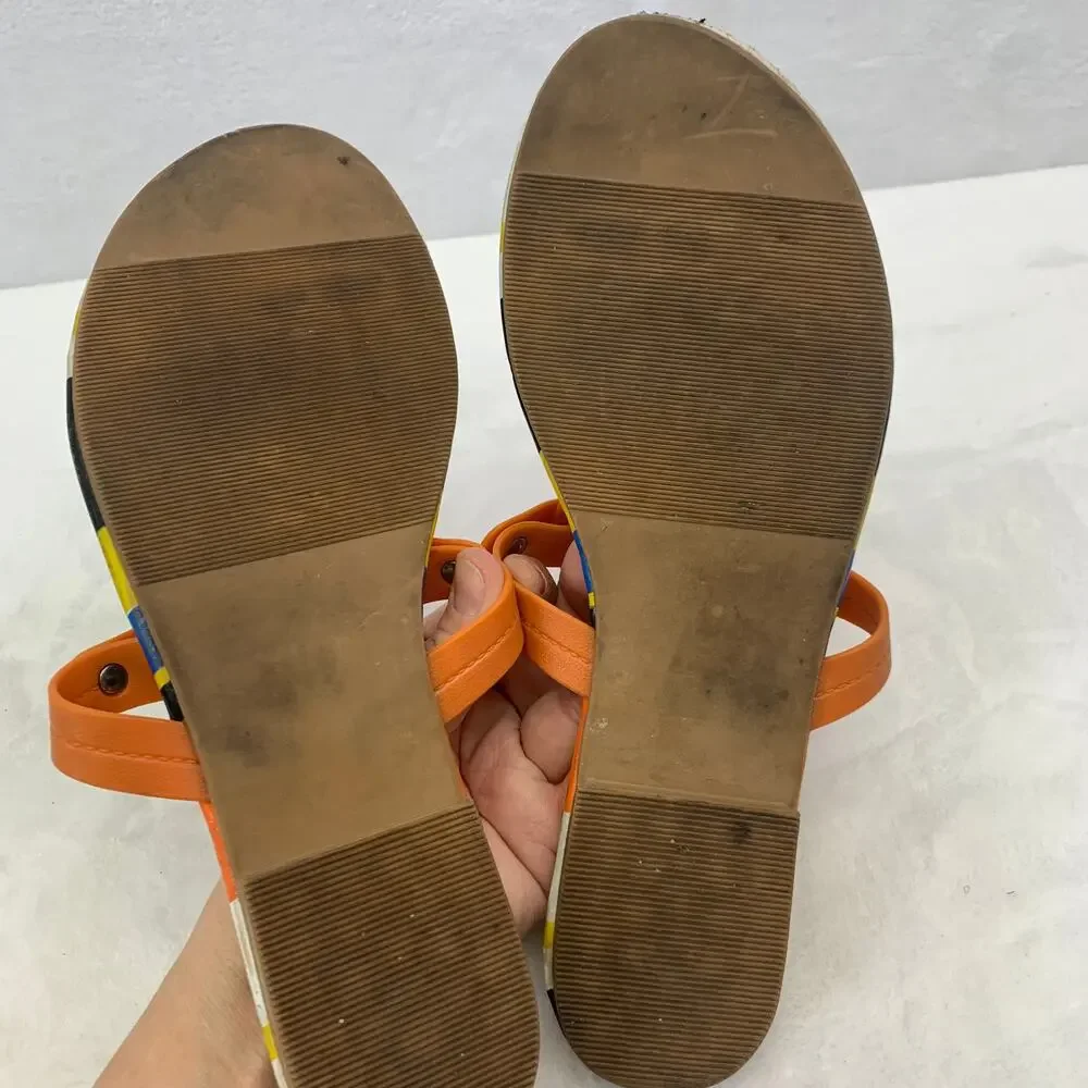 Tory Burch Miller Womens 9.5 Striped Sandals Balloon Stripe Colorful Flip Flops